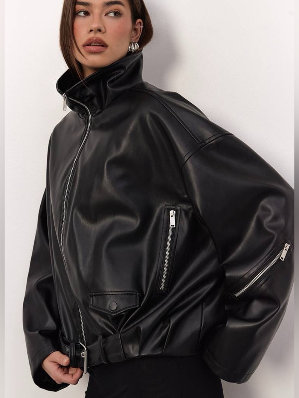 NWT!! BLACK LOW BELT DETAIL RUCHED FAUX LEATHER BIKER JACKET